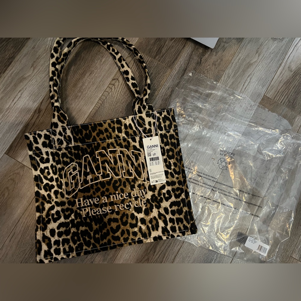 Ganni Black and Brown Leopard Tote